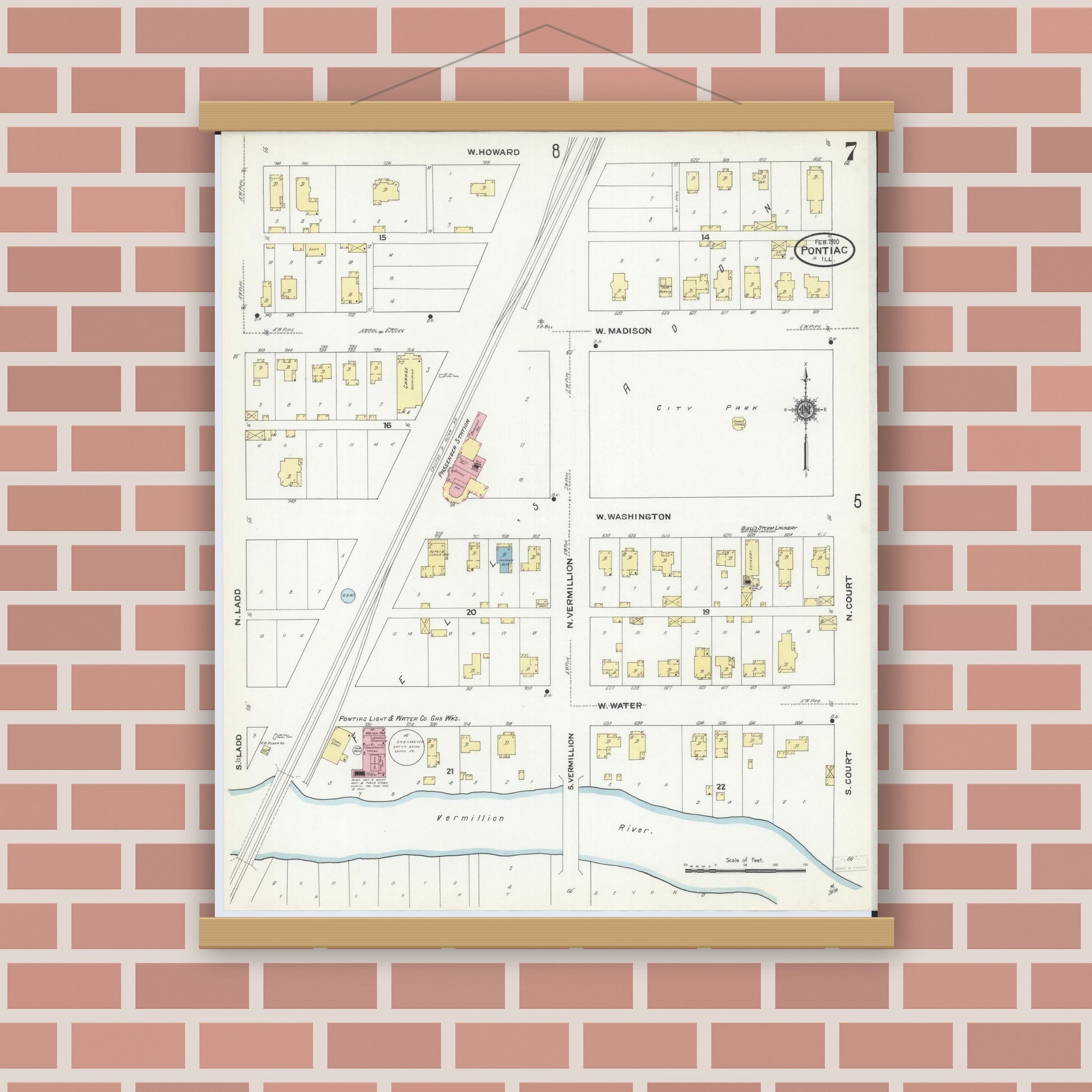 Old map wall art mockup — magnetic wood frame on brick wall — Sanborn Fire Insurance Map from Pontiac, Livingston County, Illinois (1910), Sheet #0007