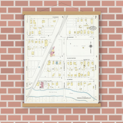 Old map wall art mockup — magnetic wood frame on brick wall — Sanborn Fire Insurance Map from Pontiac, Livingston County, Illinois (1910), Sheet #0007