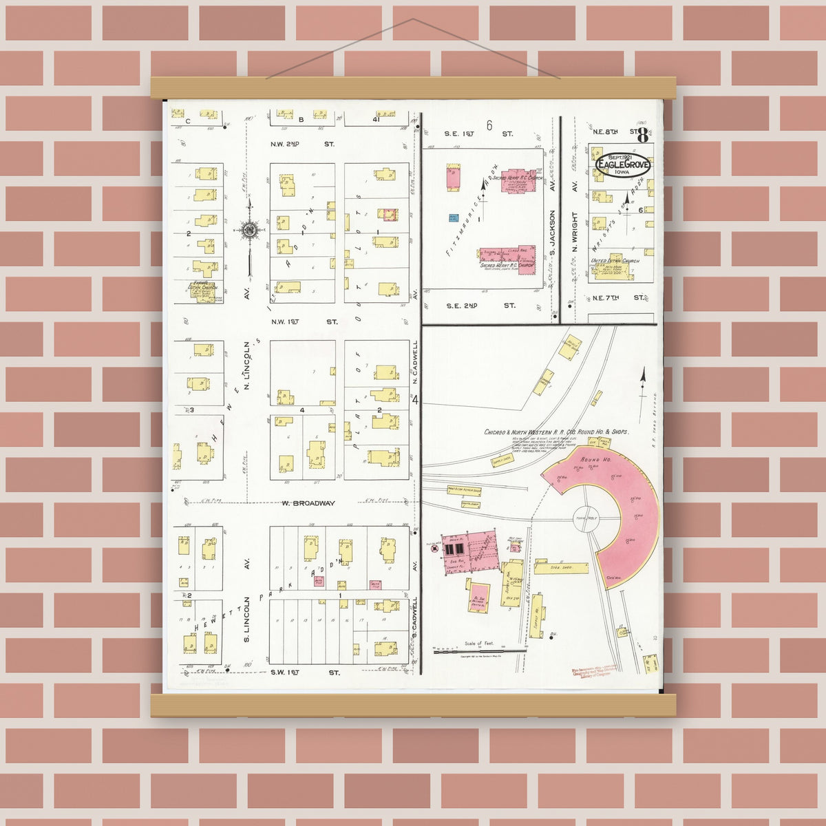 Old map wall art mockup — magnetic wood frame on brick wall — Sanborn Fire Insurance Map from Eagle Grove, Wright County, Iowa (1921), Sheet #0008