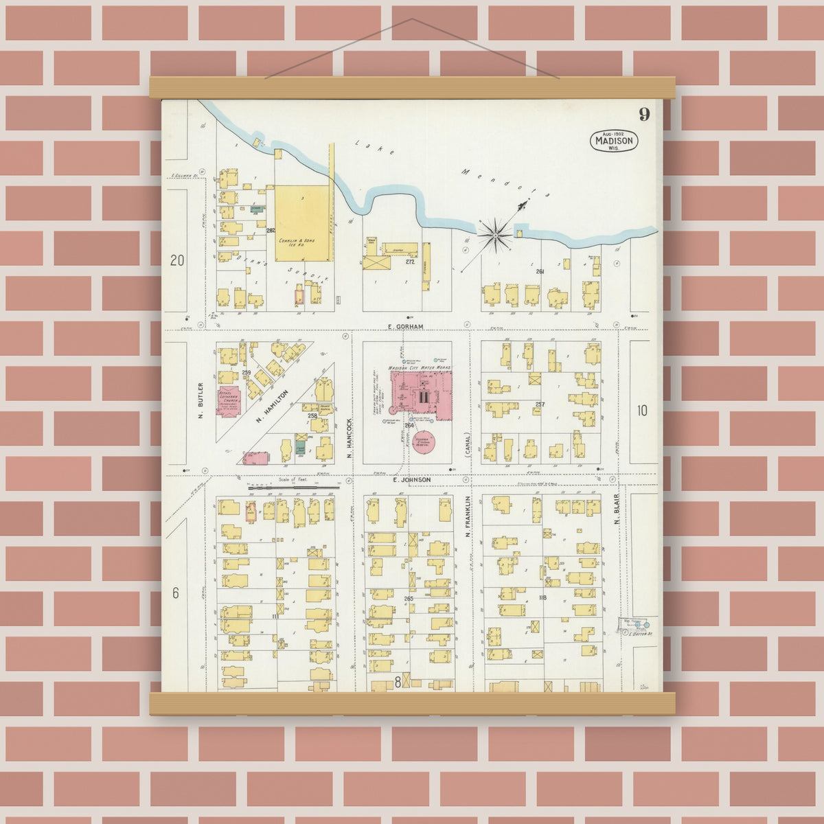 Old map wall art mockup — magnetic wood frame on brick wall — Sanborn Fire Insurance Map from Madison, Dane County, Wisconsin (1902), Sheet #0009