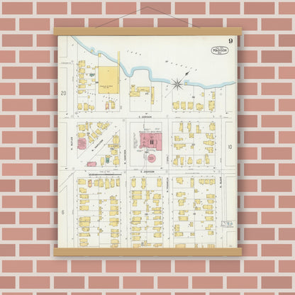 Old map wall art mockup — magnetic wood frame on brick wall — Sanborn Fire Insurance Map from Madison, Dane County, Wisconsin (1902), Sheet #0009