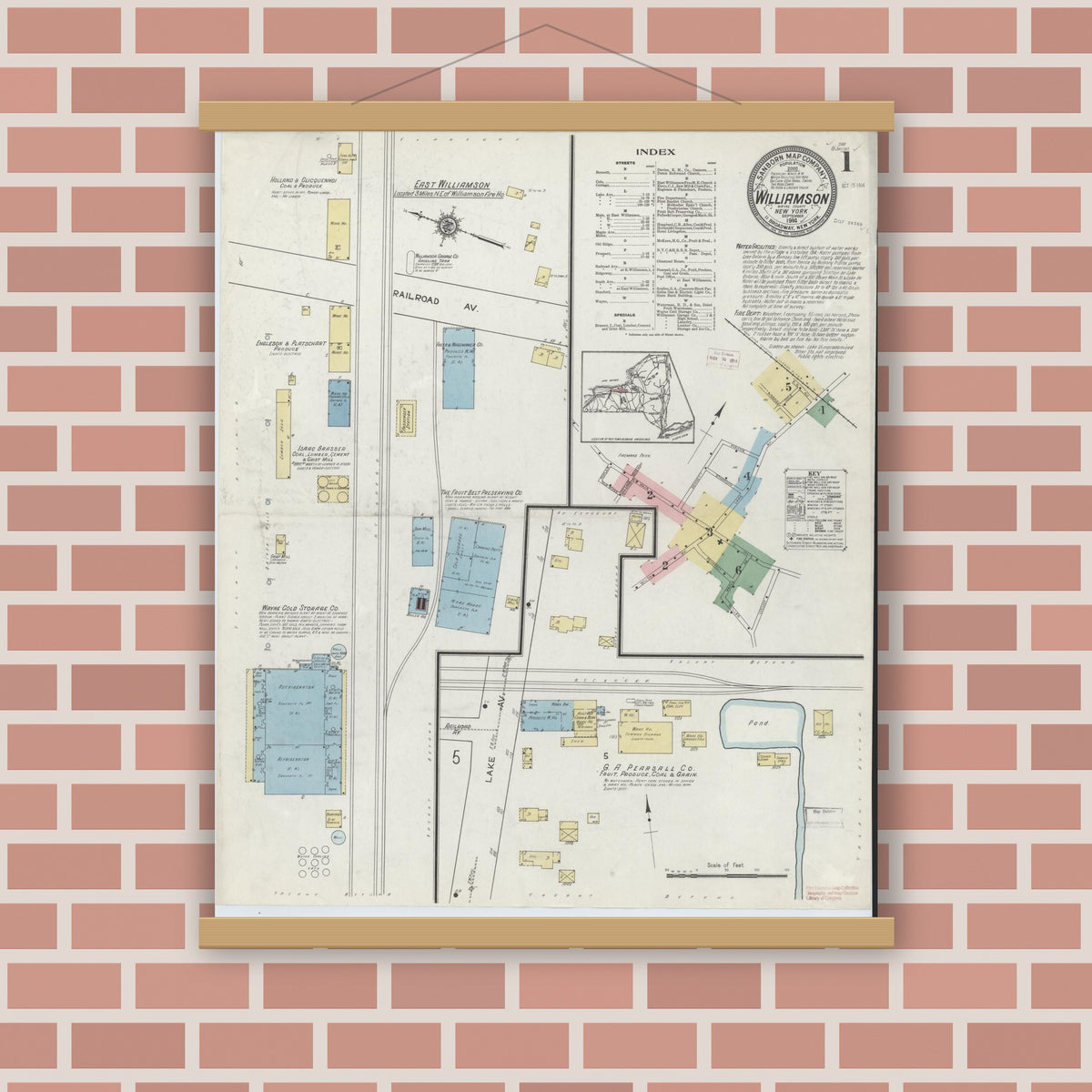 Old map wall art mockup — magnetic wood frame on brick wall — Sanborn Fire Insurance Map from Williamson, Wayne County, New York (1914) - Complete Map Set