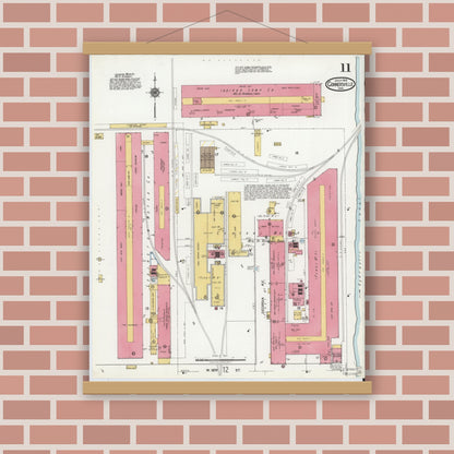 Old map wall art mockup — magnetic wood frame on brick wall — Sanborn Fire Insurance Map from Connersville, Fayette County, Indiana (1919), Sheet #0011