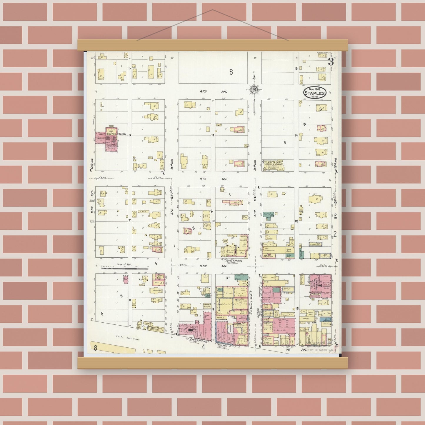 Old map wall art mockup — magnetic wood frame on brick wall — Sanborn Fire Insurance Map from Staples, Todd County, Minnesota (1909), Sheet #0003