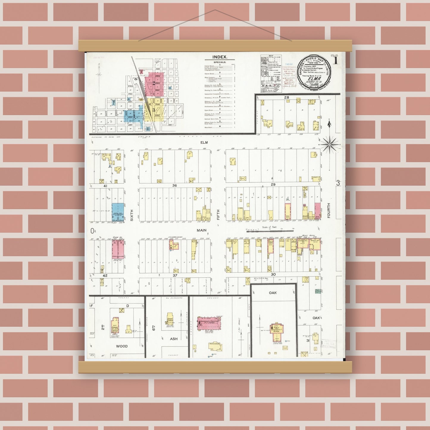Old map wall art mockup — magnetic wood frame on brick wall — Sanborn Fire Insurance Map from Elma, Howard County, Iowa (1900) â€” Complete Set