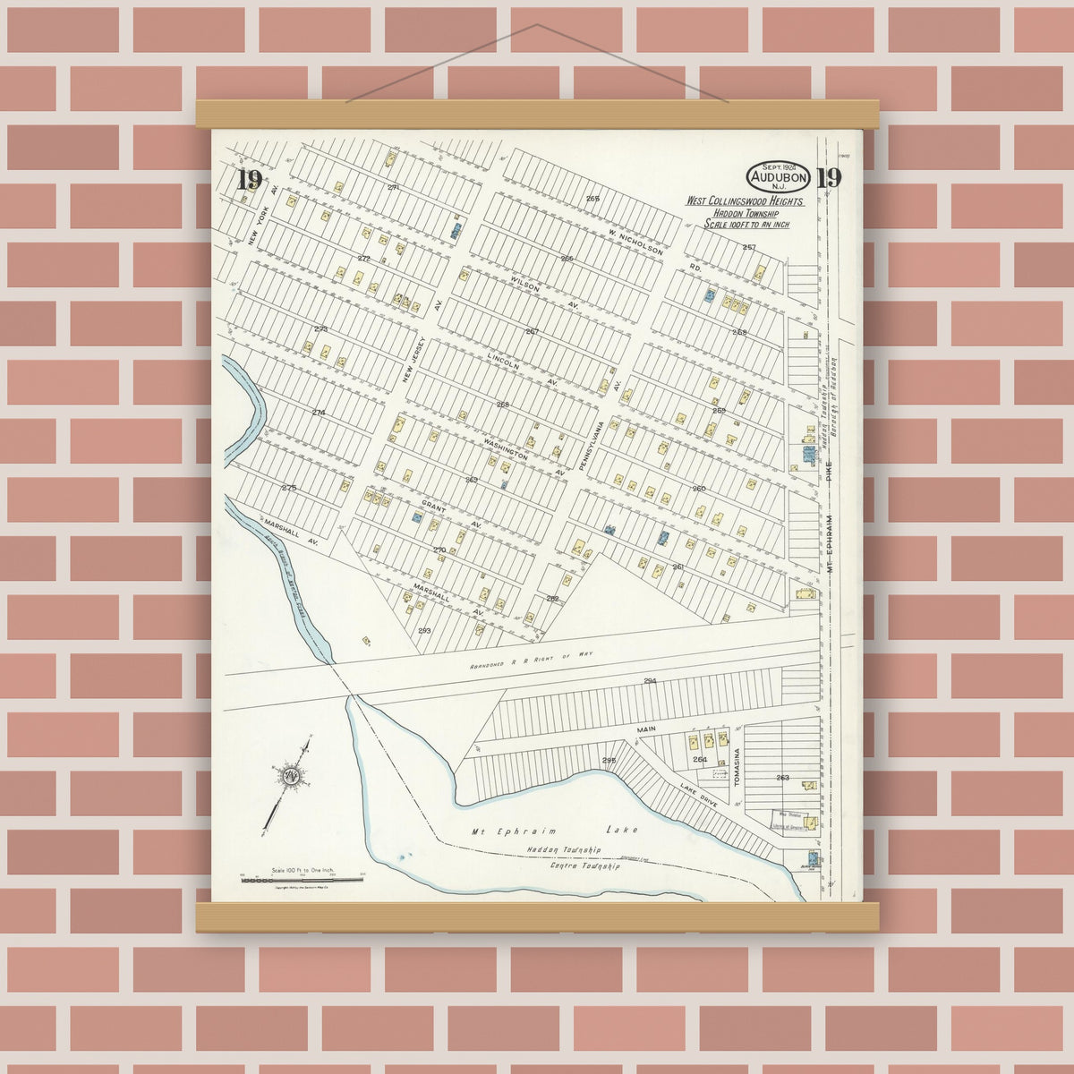 Old map wall art mockup — magnetic wood frame on brick wall — Sanborn Fire Insurance Map from Audubon, Camden County, New Jersey (1924), Sheet #0019