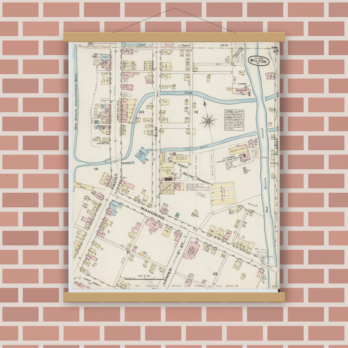 Old map wall art mockup — magnetic wood frame on brick wall — Sanborn Fire Insurance Map from Milton, Northumberland County, Pennsylvania (1884), Sheet #0005