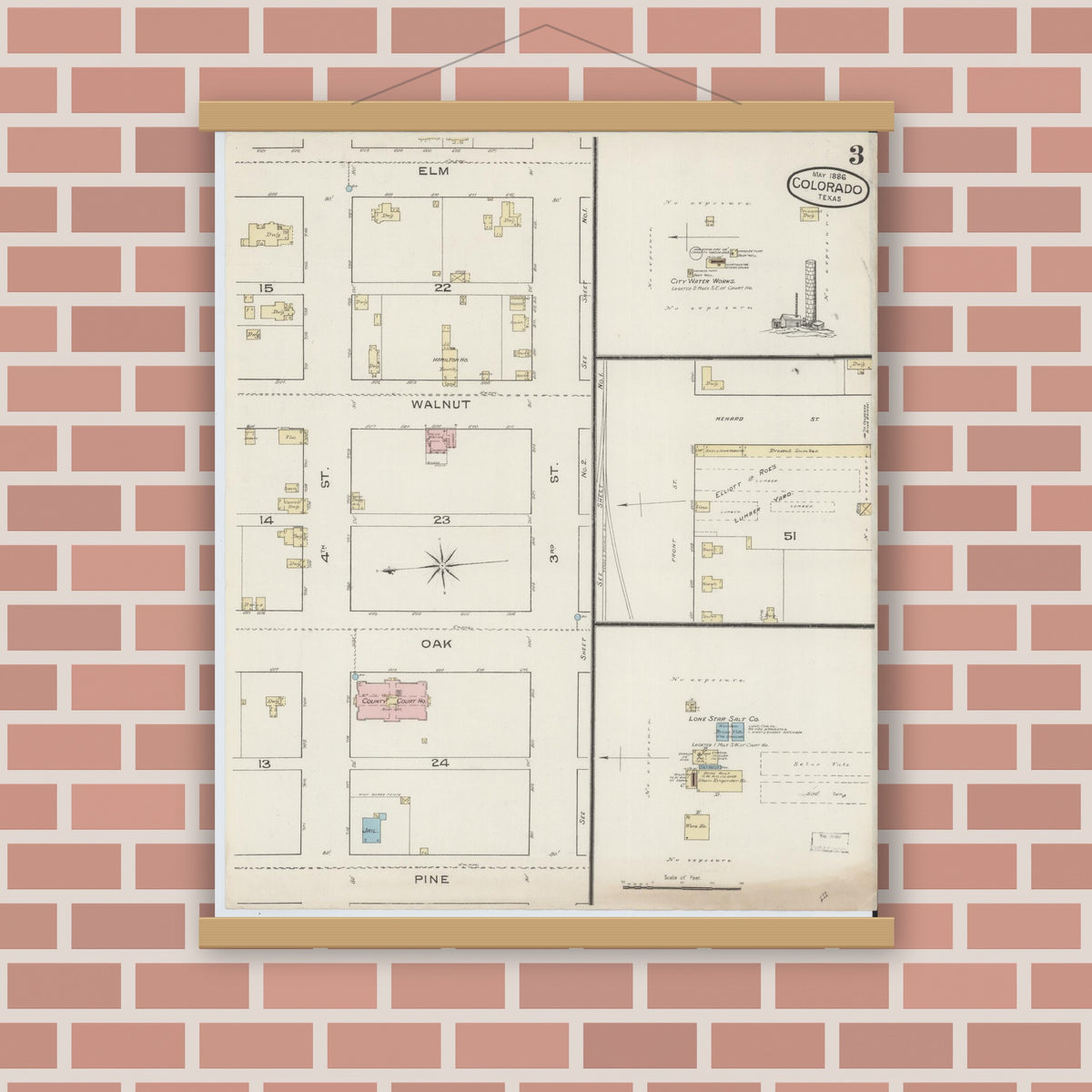 Old map wall art mockup — magnetic wood frame on brick wall — Sanborn Fire Insurance Map from Colorado, Mitchell County, Texas (1886), Sheet #0003