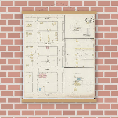 Old map wall art mockup — magnetic wood frame on brick wall — Sanborn Fire Insurance Map from Colorado, Mitchell County, Texas (1886), Sheet #0003