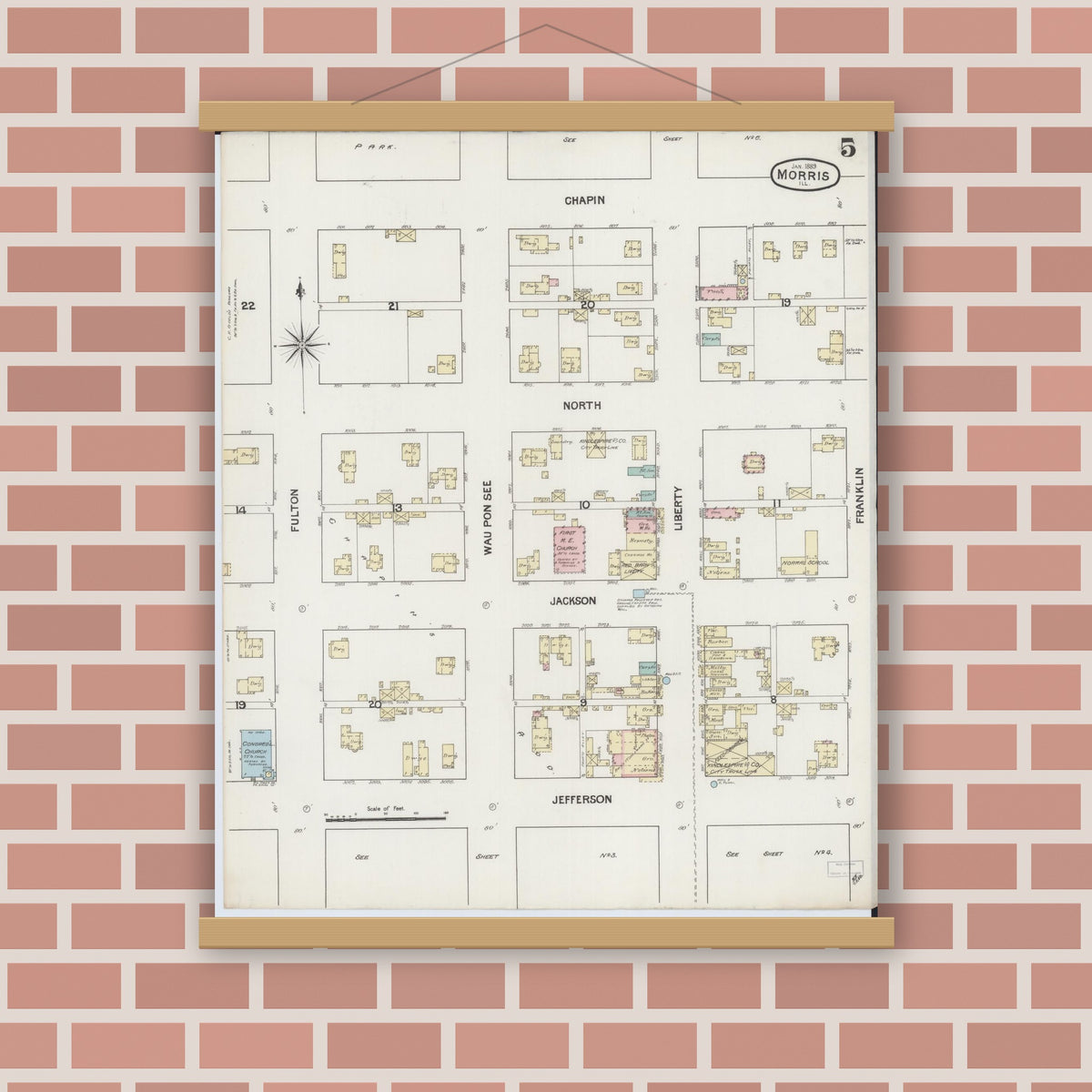 Old map wall art mockup — magnetic wood frame on brick wall — Sanborn Fire Insurance Map from Morris, Grundy County, Illinois (1889), Sheet #0005