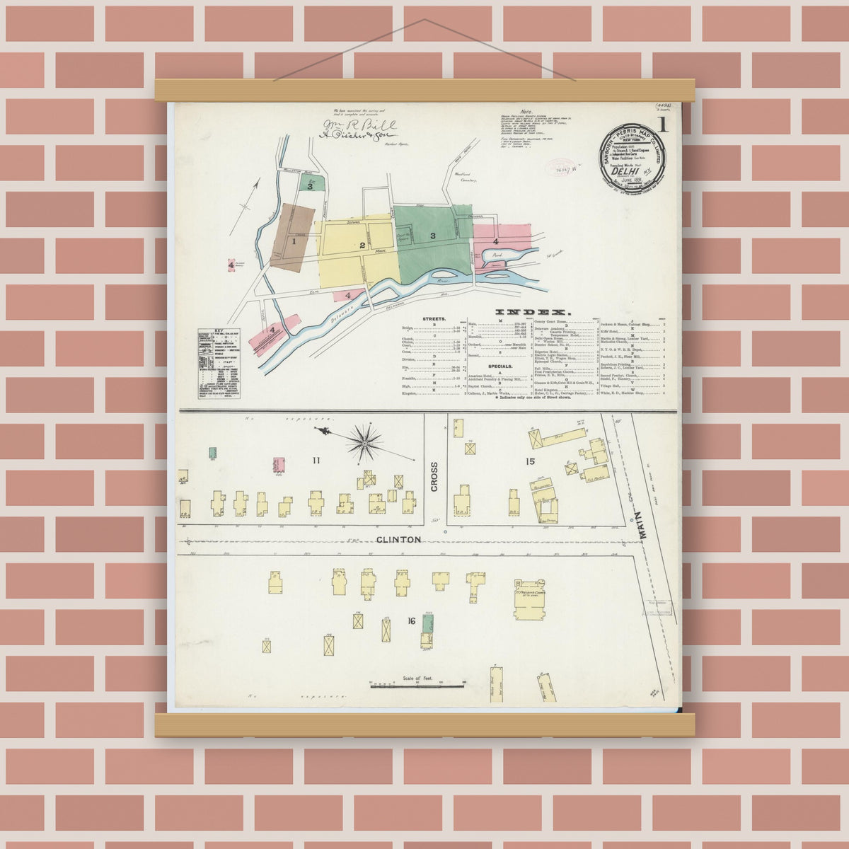 Old map wall art mockup — magnetic wood frame on brick wall — Sanborn Fire Insurance Map from Delhi, Delaware County, New York (1891) - Complete Map Set
