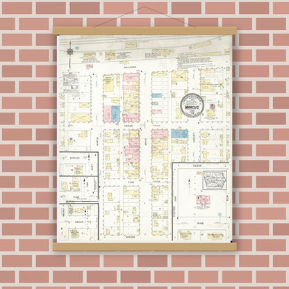 Old map wall art mockup — magnetic wood frame on brick wall — Sanborn Fire Insurance Map from Marcus, Cherokee County, Iowa (1914), Sheet #0001
