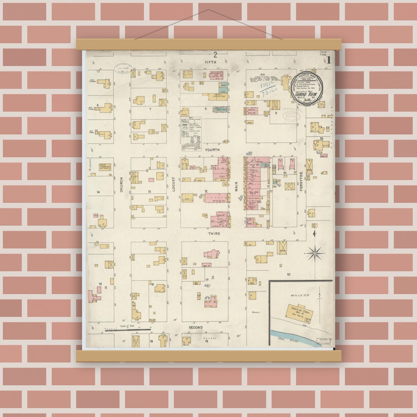 Old map wall art mockup — magnetic wood frame on brick wall — Sanborn Fire Insurance Map from Grand View, Spencer County, Indiana (1898) - Complete Map Set
