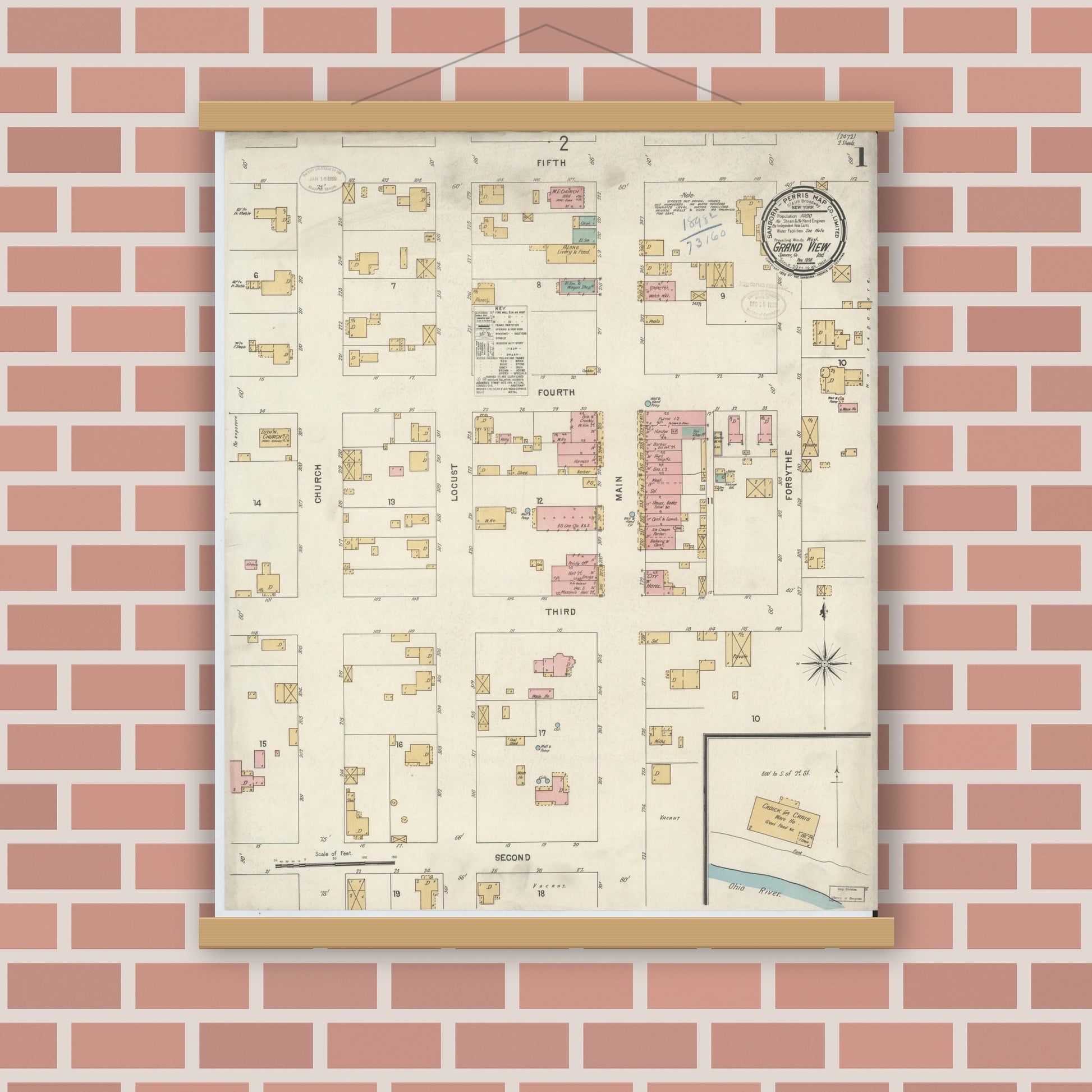 Old map wall art mockup — magnetic wood frame on brick wall — Sanborn Fire Insurance Map from Grand View, Spencer County, Indiana (1898) - Complete Map Set