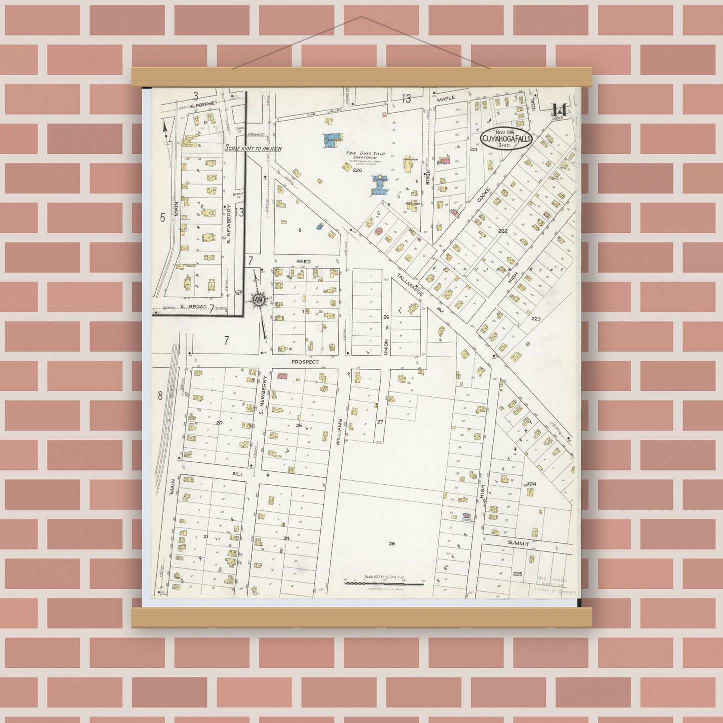 Old map wall art mockup — magnetic wood frame on brick wall — Sanborn Fire Insurance Map from Cuyahoga Falls, Summit County, Ohio (1916), Sheet #0014