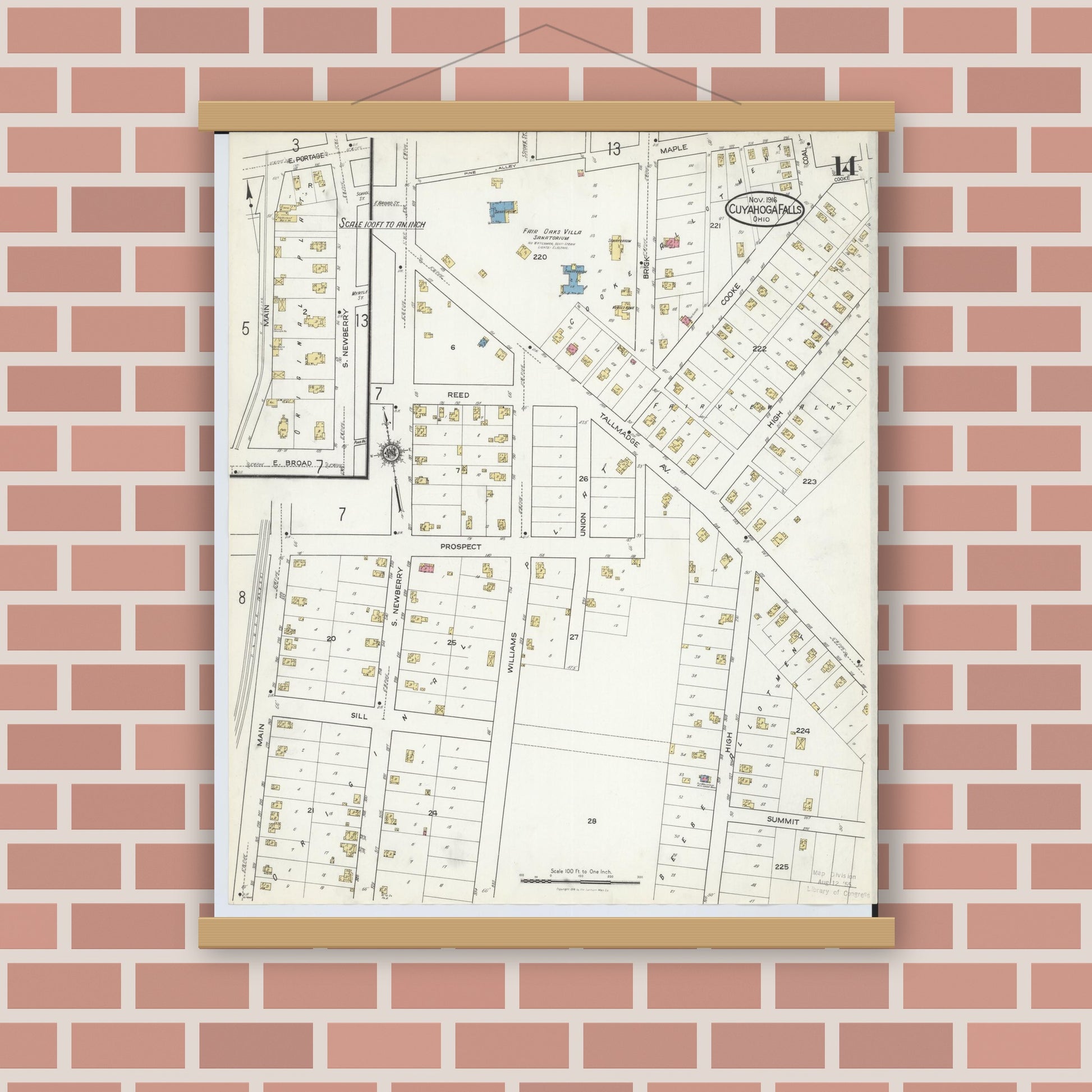 Old map wall art mockup — magnetic wood frame on brick wall — Sanborn Fire Insurance Map from Cuyahoga Falls, Summit County, Ohio (1916), Sheet #0014