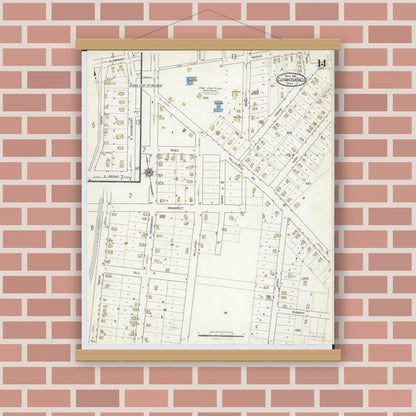 Old map wall art mockup — magnetic wood frame on brick wall — Sanborn Fire Insurance Map from Cuyahoga Falls, Summit County, Ohio (1916), Sheet #0014