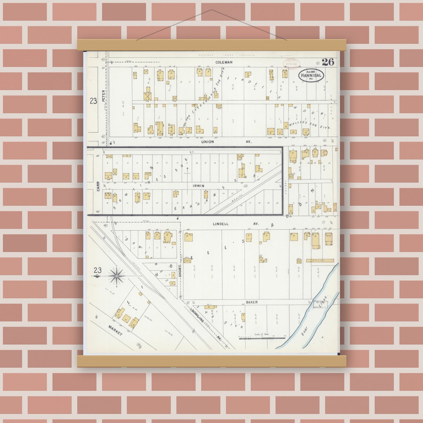 Old map wall art mockup — magnetic wood frame on brick wall — Sanborn Fire Insurance Map from Hannibal, Marion County, Missouri (1899), Sheet #0026