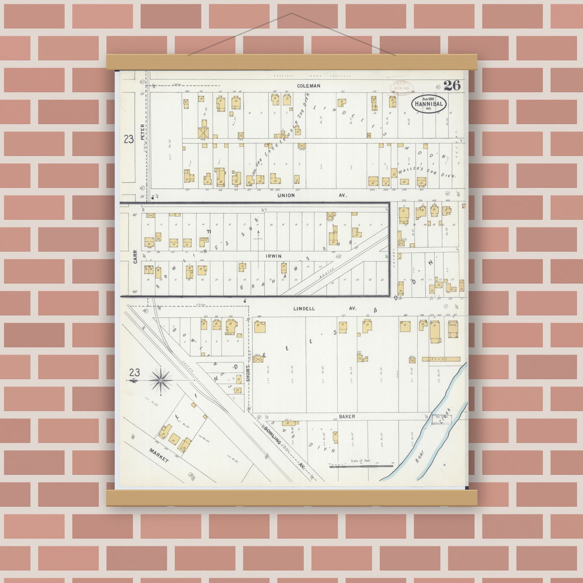 Old map wall art mockup — magnetic wood frame on brick wall — Sanborn Fire Insurance Map from Hannibal, Marion County, Missouri (1899), Sheet #0026
