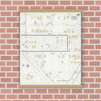 Old map wall art mockup — magnetic wood frame on brick wall — Sanborn Fire Insurance Map from Hannibal, Marion County, Missouri (1899), Sheet #0026