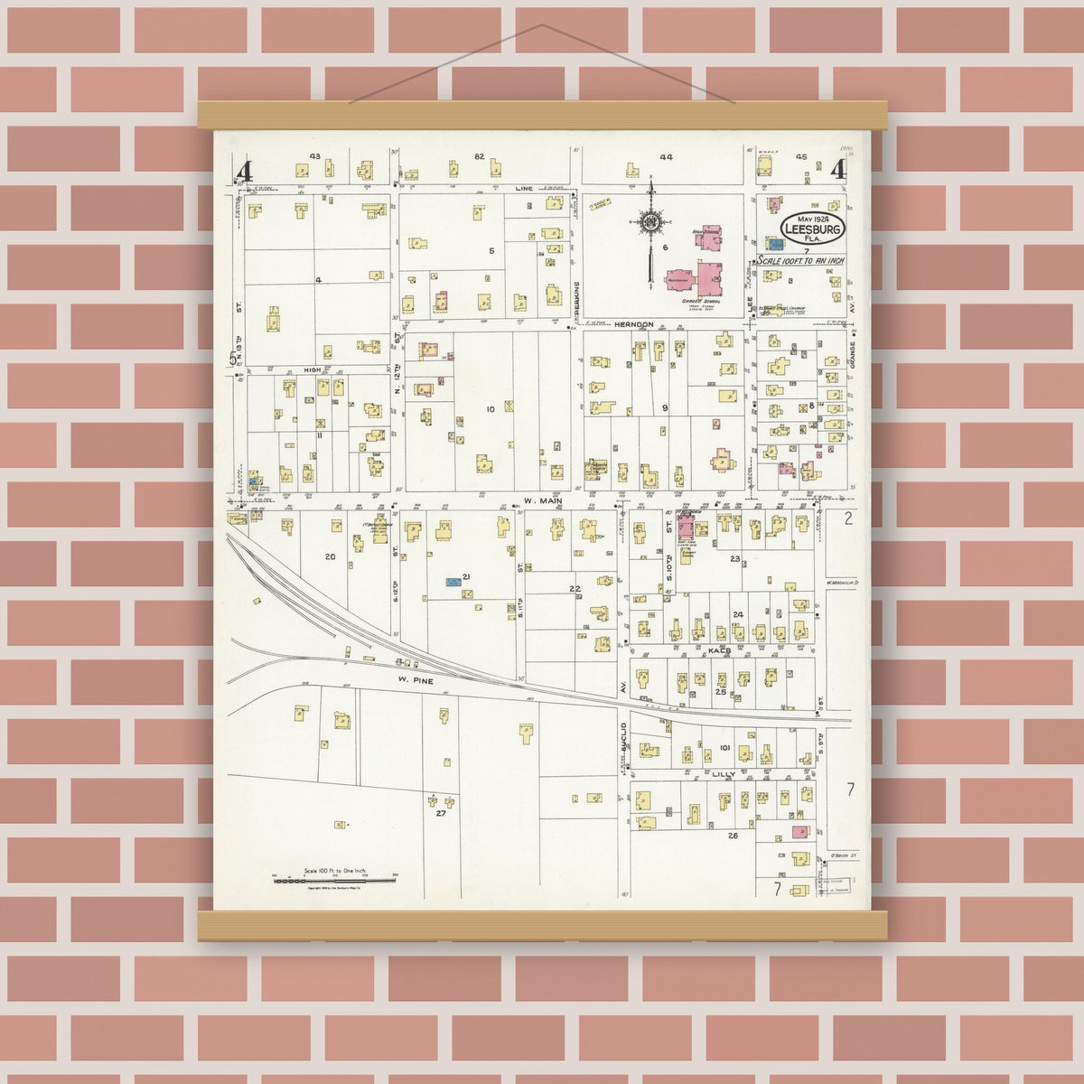 Old map wall art mockup — magnetic wood frame on brick wall — Sanborn Fire Insurance Map from Leesburg, Lake County, Florida (1924), Sheet #0004