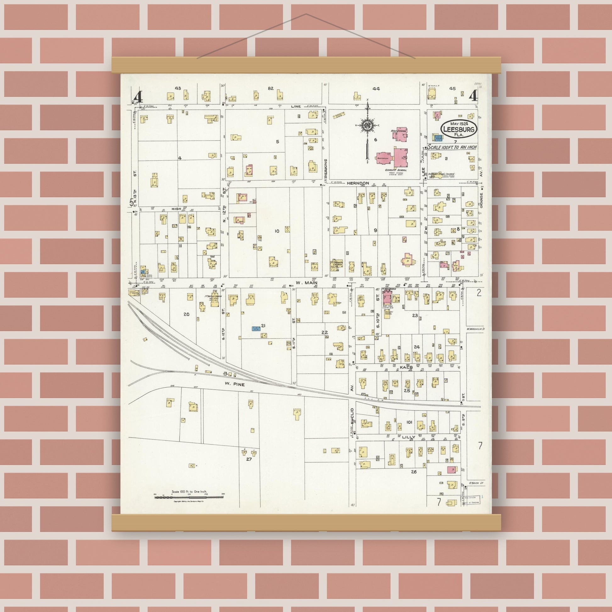 Old map wall art mockup — magnetic wood frame on brick wall — Sanborn Fire Insurance Map from Leesburg, Lake County, Florida (1924), Sheet #0004