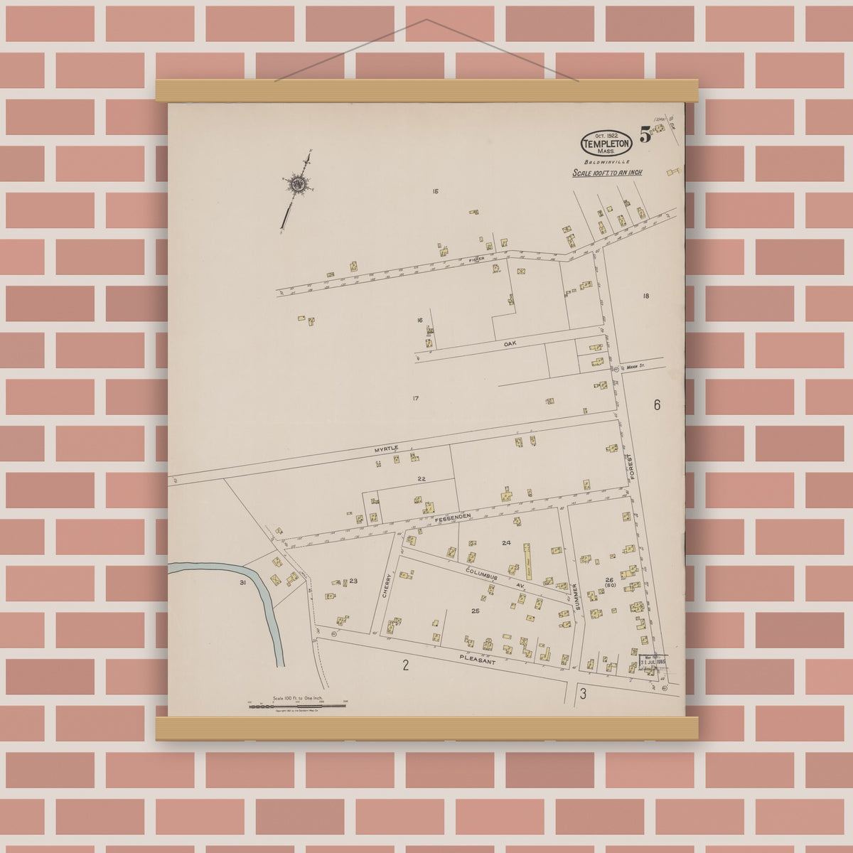 Old map wall art mockup — magnetic wood frame on brick wall — Sanborn Fire Insurance Map from Templeton, Worcester County, Massachusetts (1922), Sheet #0005