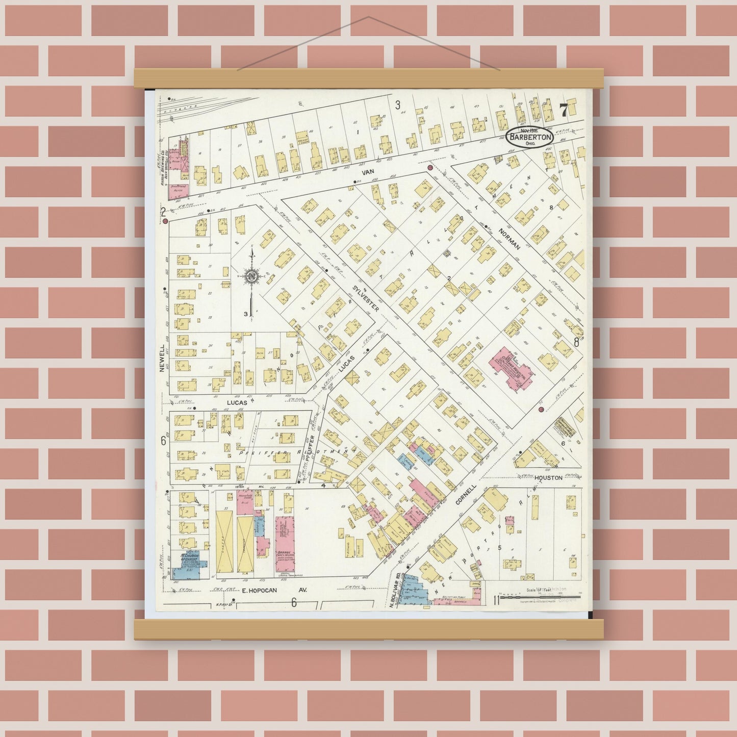Old map wall art mockup — magnetic wood frame on brick wall — Sanborn Fire Insurance Map from Barberton, Summit County, Ohio (1916), Sheet #0007