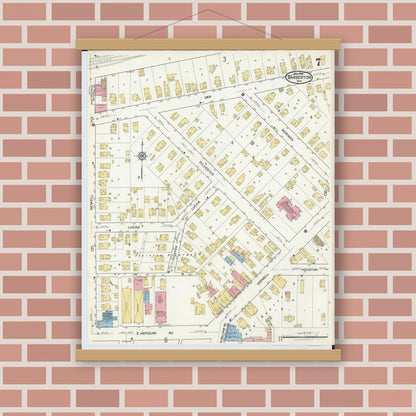 Old map wall art mockup — magnetic wood frame on brick wall — Sanborn Fire Insurance Map from Barberton, Summit County, Ohio (1916), Sheet #0007