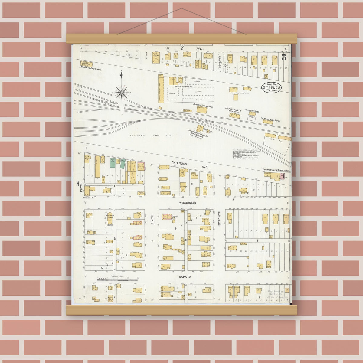 Old map wall art mockup — magnetic wood frame on brick wall — Sanborn Fire Insurance Map from Staples, Todd County, Minnesota (1904), Sheet #0005