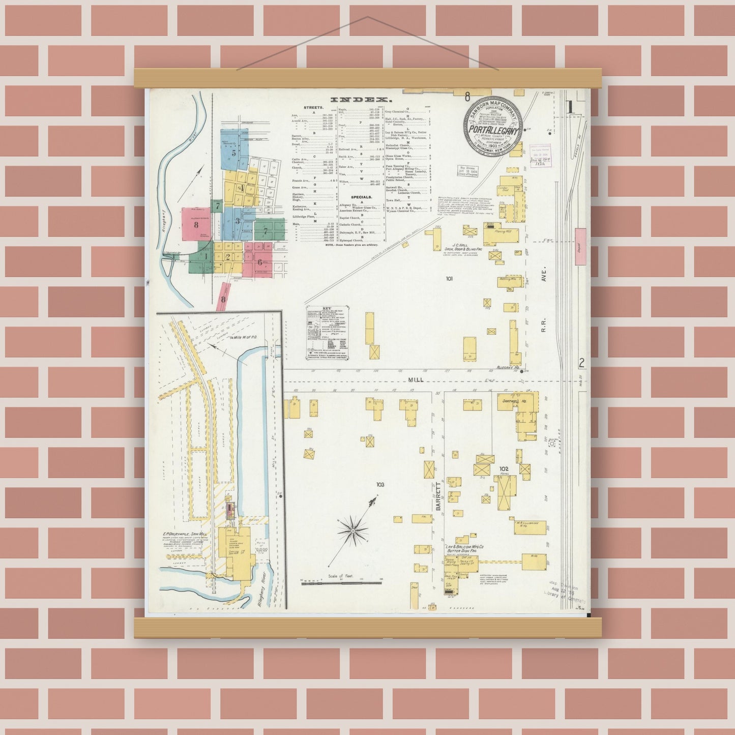 Old map wall art mockup — magnetic wood frame on brick wall — Sanborn Fire Insurance Map from Port Allegany, McKean County, Pennsylvania (1903) - Complete Map Set