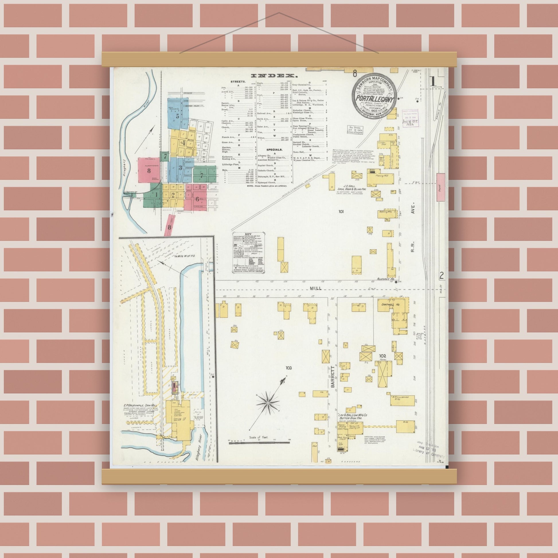 Old map wall art mockup — magnetic wood frame on brick wall — Sanborn Fire Insurance Map from Port Allegany, McKean County, Pennsylvania (1903) - Complete Map Set
