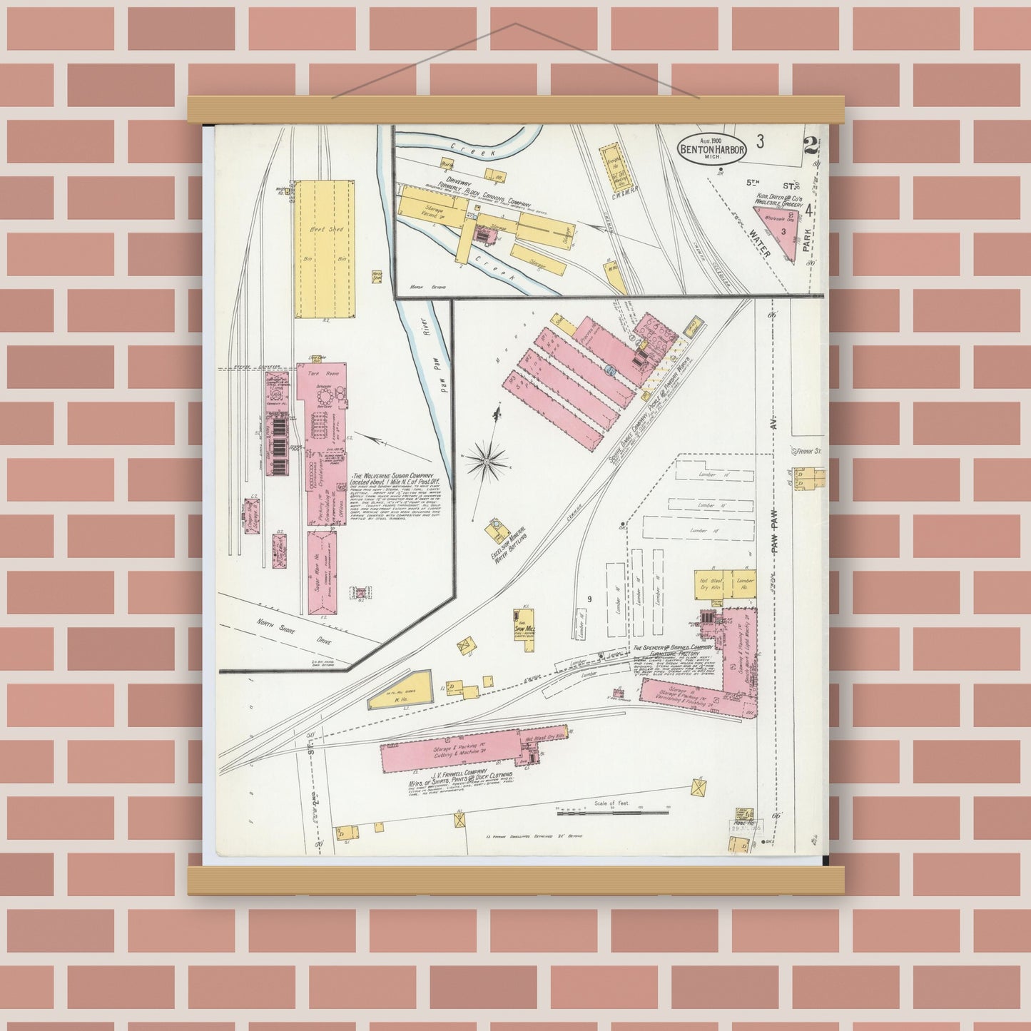 Old map wall art mockup — magnetic wood frame on brick wall — Sanborn Fire Insurance Map from Benton Harbor, Berrien County, Michigan (1900), Sheet #0002