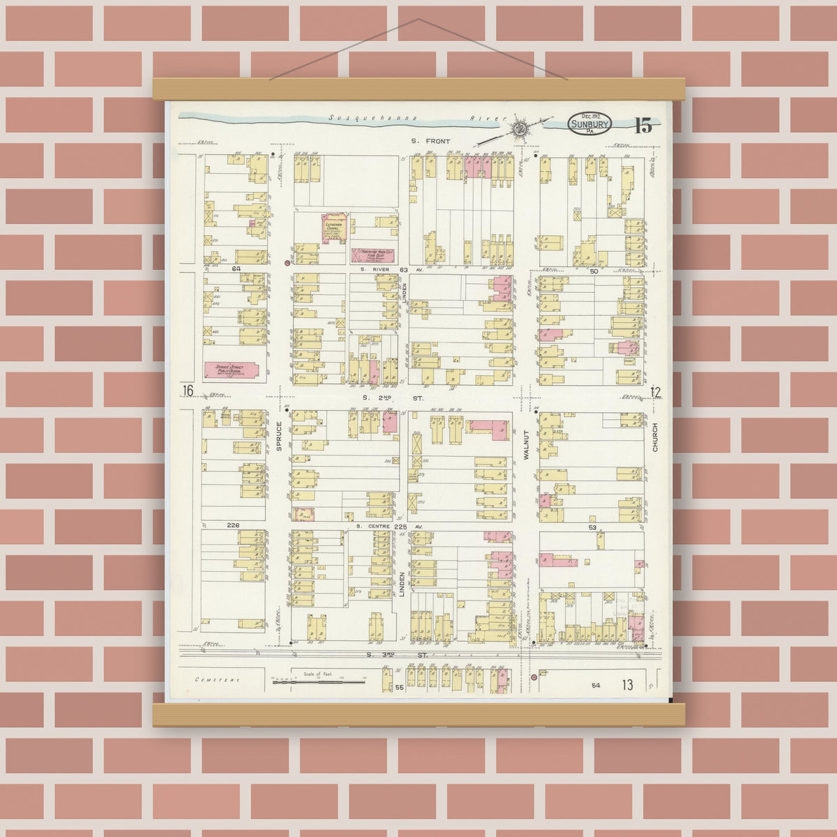 Old map wall art mockup — magnetic wood frame on brick wall — Sanborn Fire Insurance Map from Sunbury, Northumberland County, Pennsylvania (1912), Sheet #0015