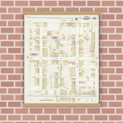 Old map wall art mockup — magnetic wood frame on brick wall — Sanborn Fire Insurance Map from Sunbury, Northumberland County, Pennsylvania (1912), Sheet #0015