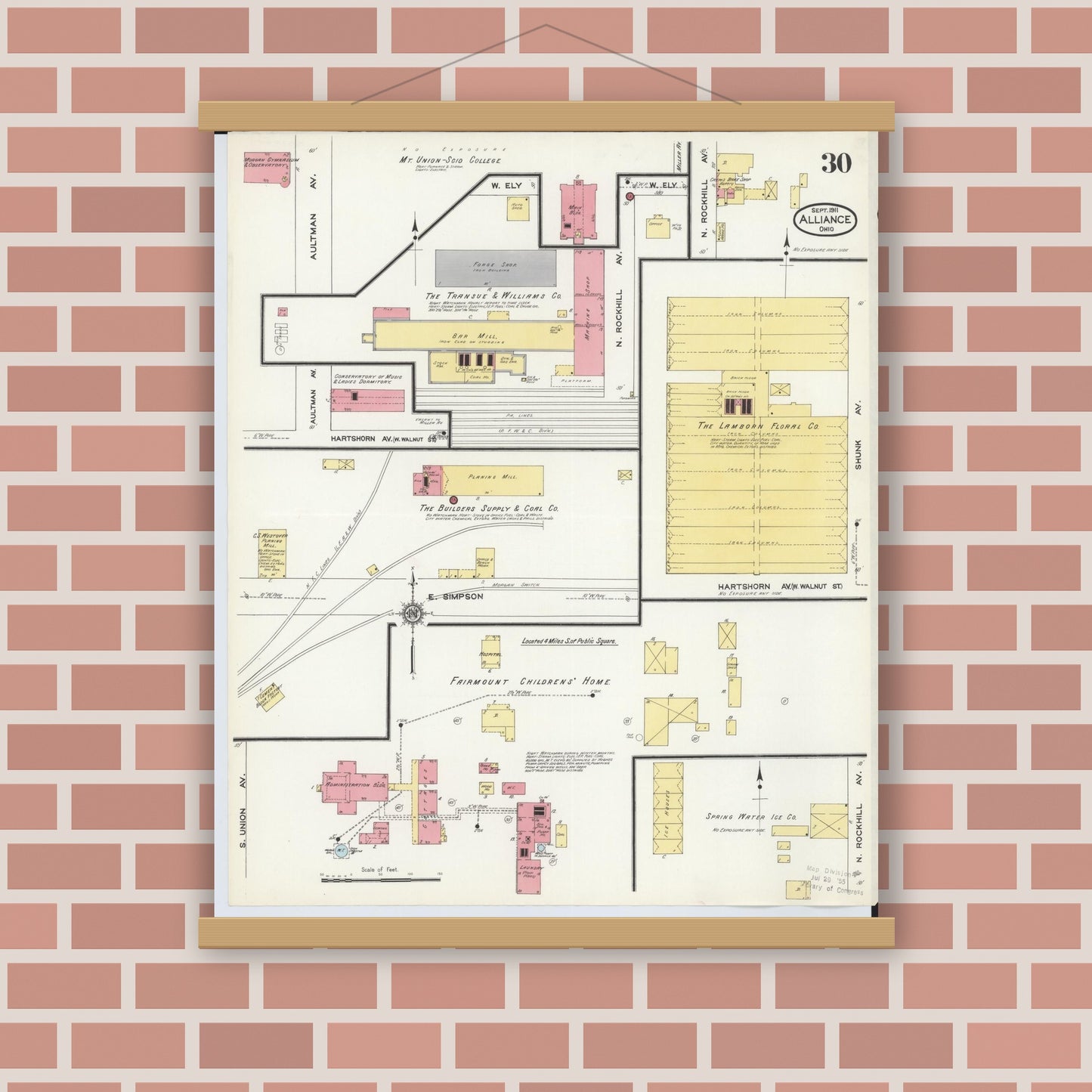 Old map wall art mockup — magnetic wood frame on brick wall — Sanborn Fire Insurance Map from Alliance, Stark County, Ohio (1911), Sheet #0030