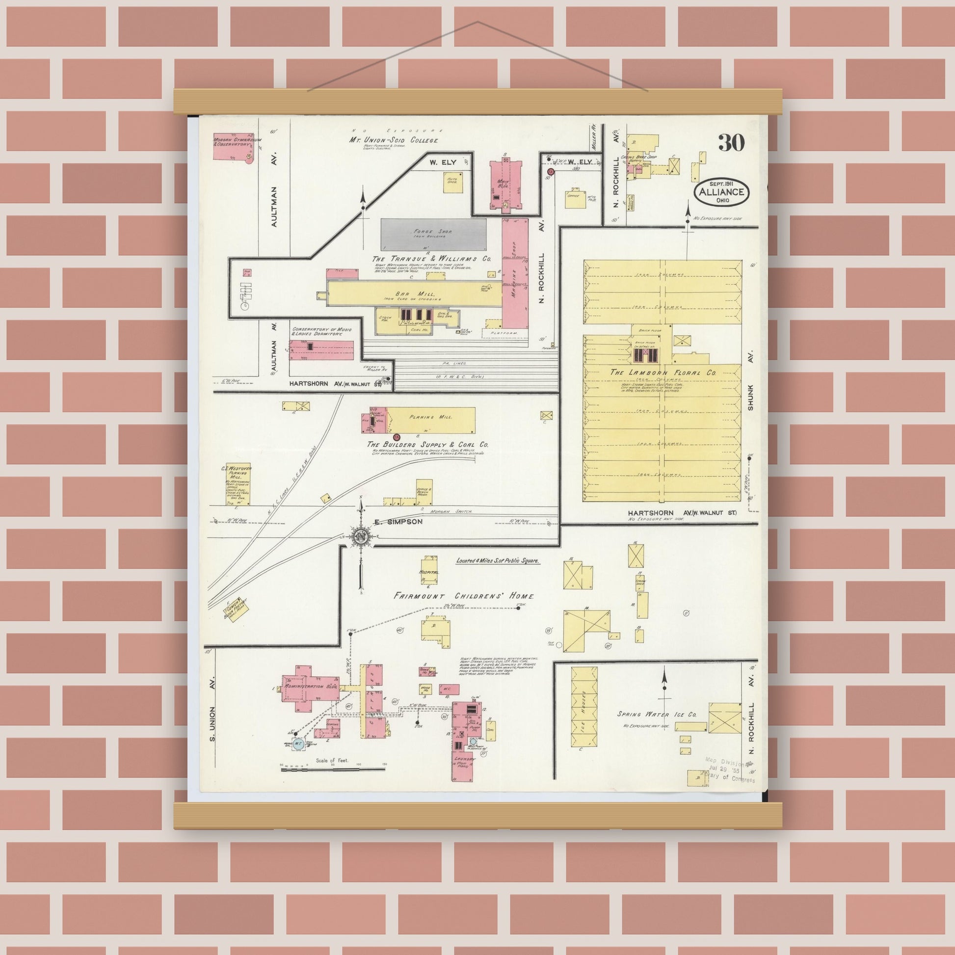 Old map wall art mockup — magnetic wood frame on brick wall — Sanborn Fire Insurance Map from Alliance, Stark County, Ohio (1911), Sheet #0030