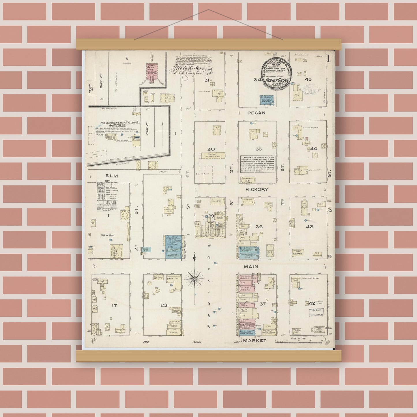 Old map wall art mockup — magnetic wood frame on brick wall — Sanborn Fire Insurance Map from Honey Grove, Fannin County, Texas (1885) - Complete Map Set