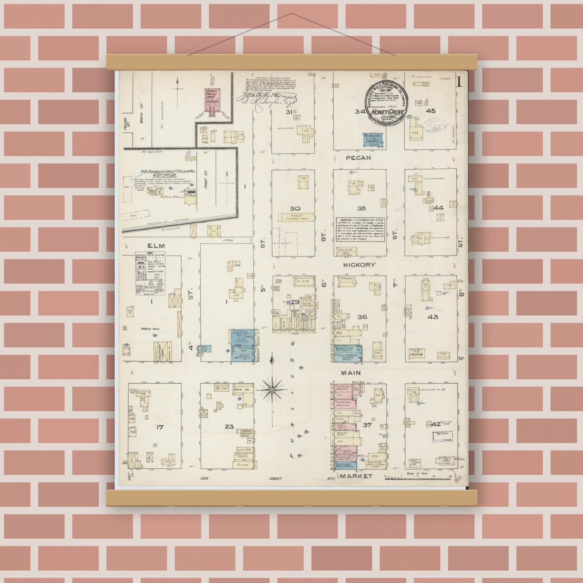 Old map wall art mockup — magnetic wood frame on brick wall — Sanborn Fire Insurance Map from Honey Grove, Fannin County, Texas (1885) - Complete Map Set