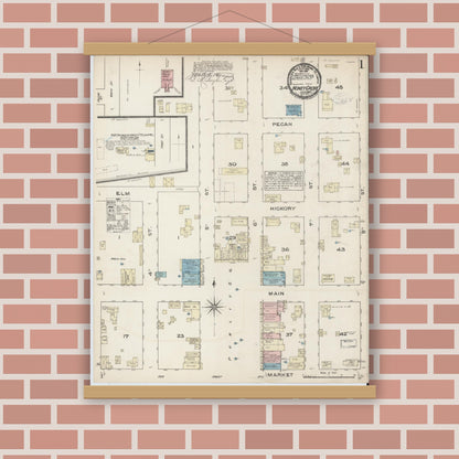 Old map wall art mockup — magnetic wood frame on brick wall — Sanborn Fire Insurance Map from Honey Grove, Fannin County, Texas (1885) - Complete Map Set