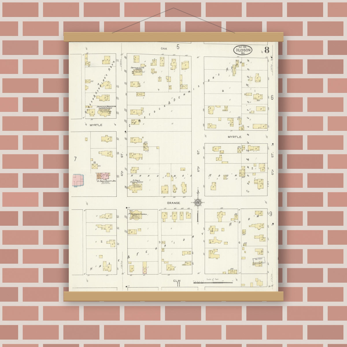 Old map wall art mockup — magnetic wood frame on brick wall — Sanborn Fire Insurance Map from Hudson, St. Croix County, Wisconsin (1912), Sheet #0008