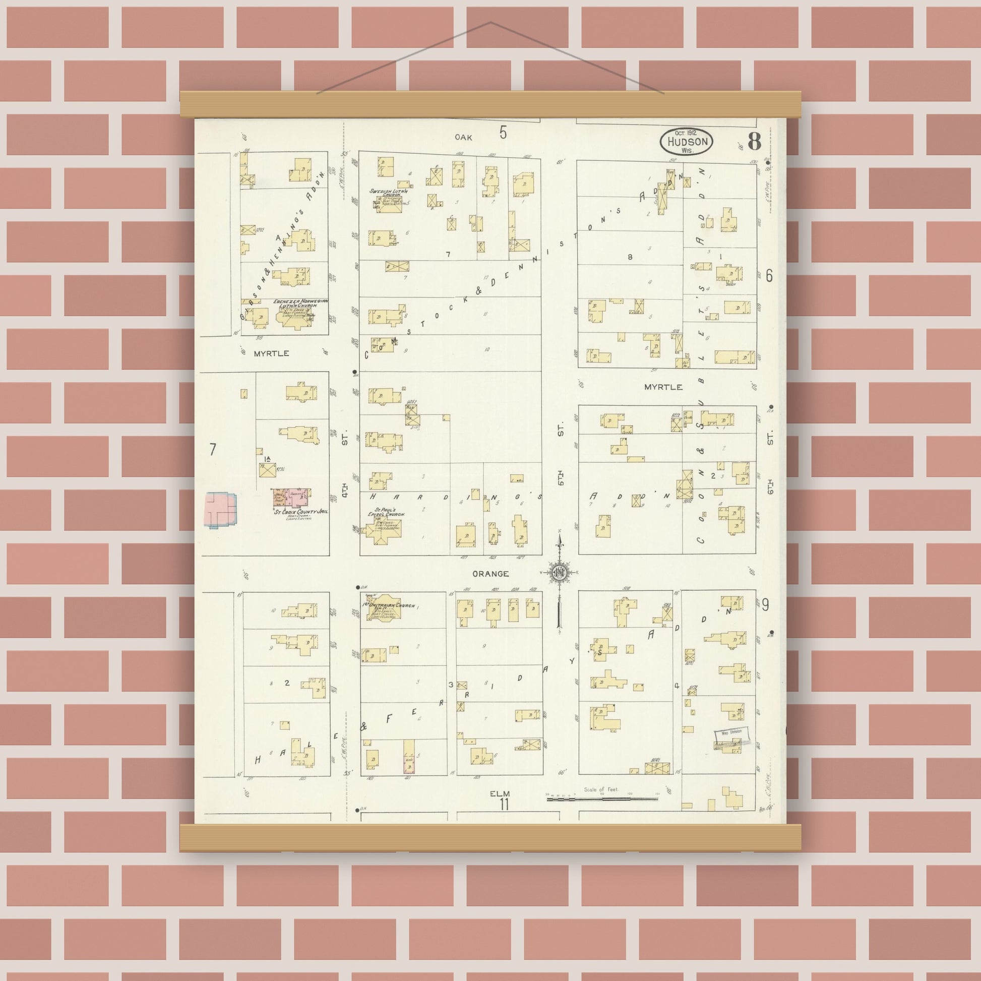 Old map wall art mockup — magnetic wood frame on brick wall — Sanborn Fire Insurance Map from Hudson, St. Croix County, Wisconsin (1912), Sheet #0008