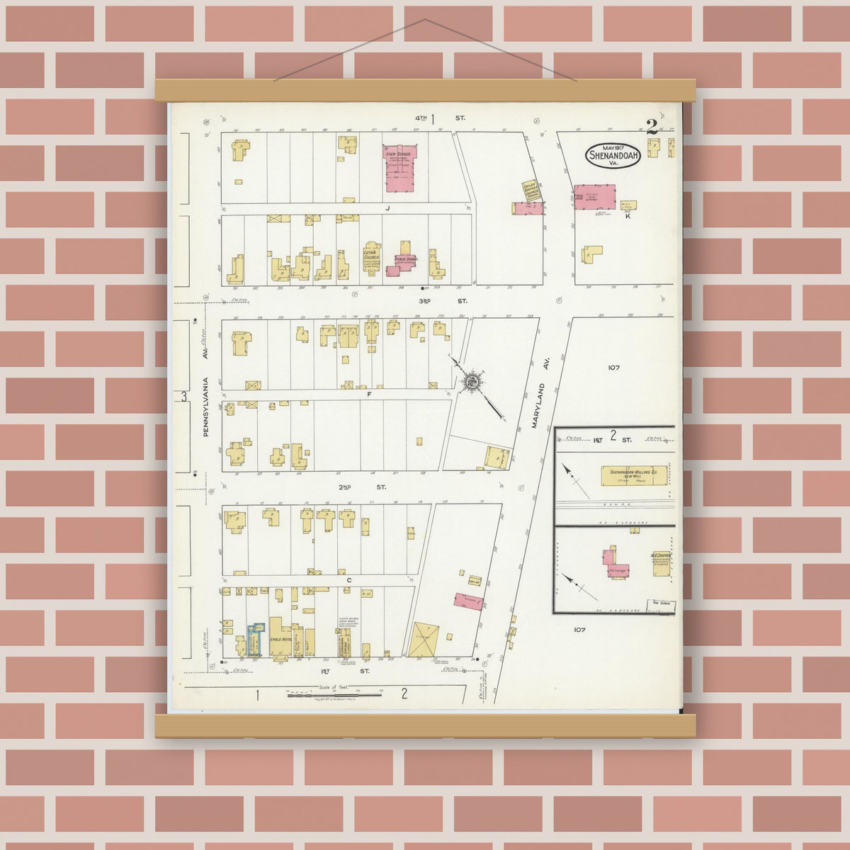 Old map wall art mockup — magnetic wood frame on brick wall — Sanborn Fire Insurance Map from Shenandoah, Page County, Virginia (1917), Sheet #0002