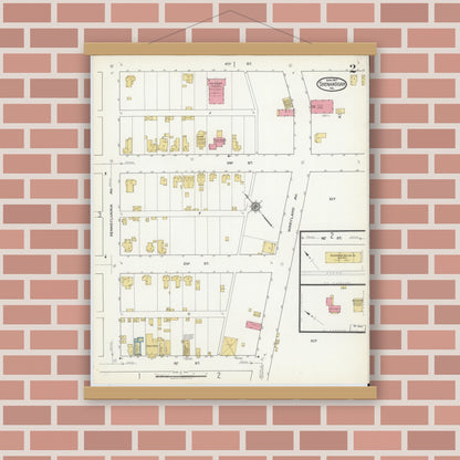 Old map wall art mockup — magnetic wood frame on brick wall — Sanborn Fire Insurance Map from Shenandoah, Page County, Virginia (1917), Sheet #0002