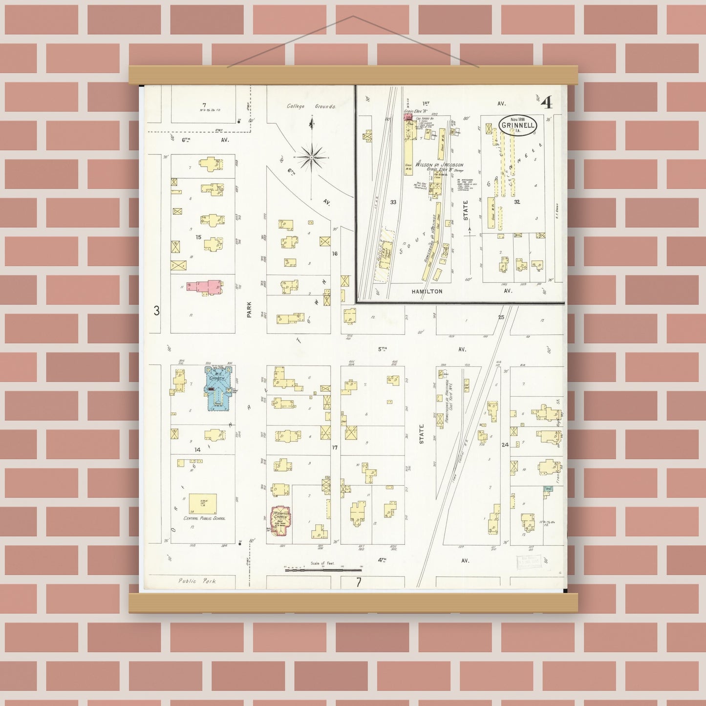 Old map wall art mockup — magnetic wood frame on brick wall — Sanborn Fire Insurance Map from Grinnell, Poweshiek County, Iowa (1898), Sheet #0004