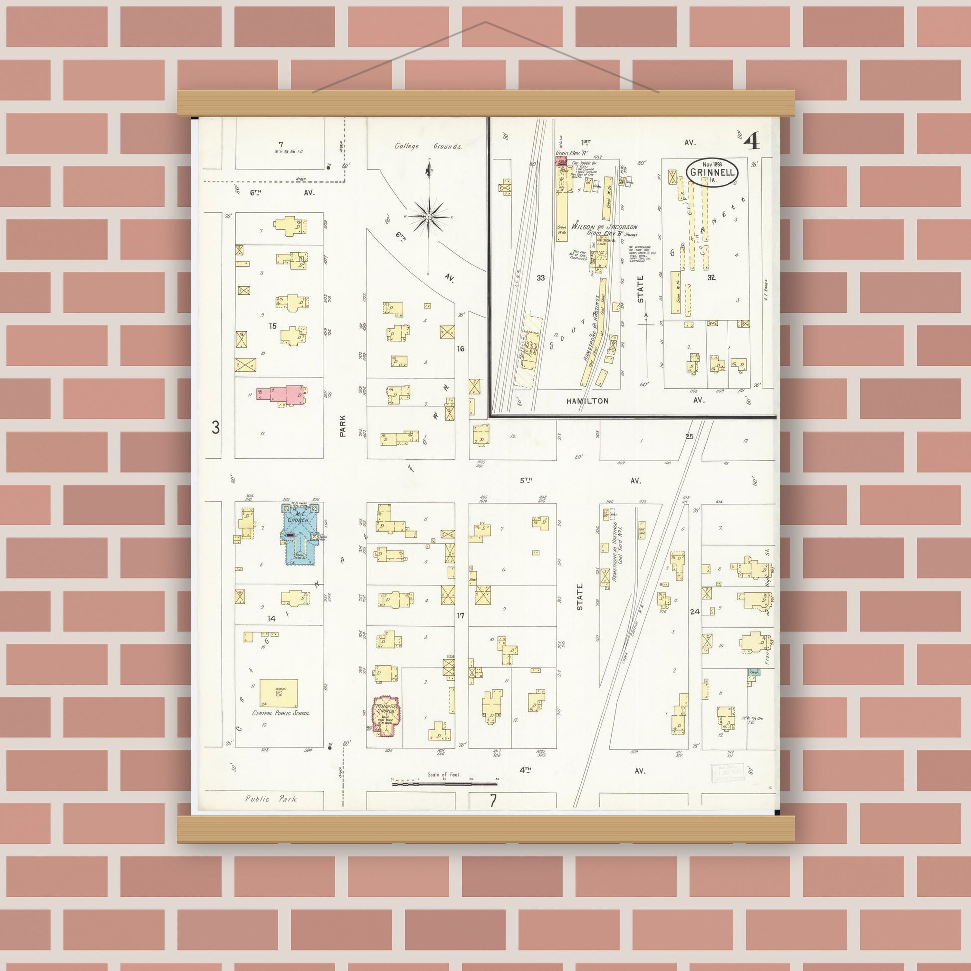 Old map wall art mockup — magnetic wood frame on brick wall — Sanborn Fire Insurance Map from Grinnell, Poweshiek County, Iowa (1898), Sheet #0004