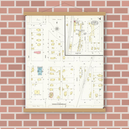 Old map wall art mockup — magnetic wood frame on brick wall — Sanborn Fire Insurance Map from Grinnell, Poweshiek County, Iowa (1898), Sheet #0004