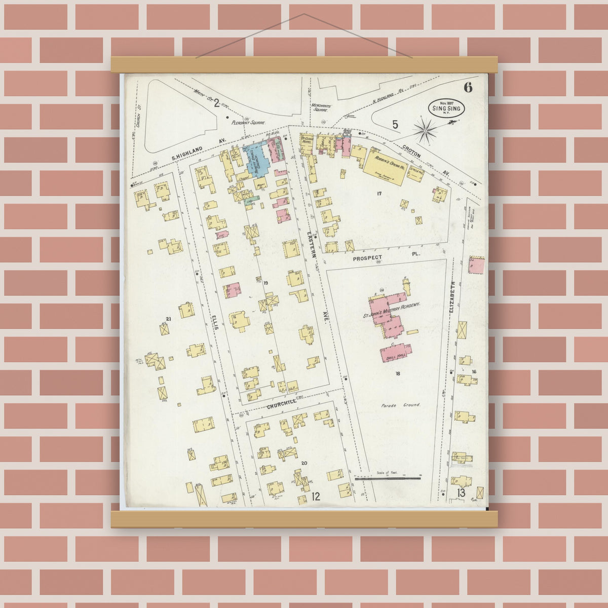 Old map wall art mockup — magnetic wood frame on brick wall — Sanborn Fire Insurance Map from Sing Sing, Westchester County, New York (1897), Sheet #0006