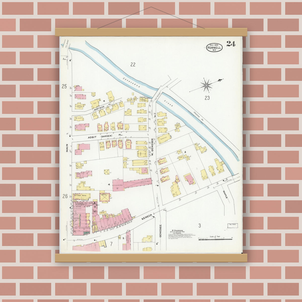 Old map wall art mockup — magnetic wood frame on brick wall — Sanborn Fire Insurance Map from Hornell, Steuben County, New York (1909), Sheet #0024