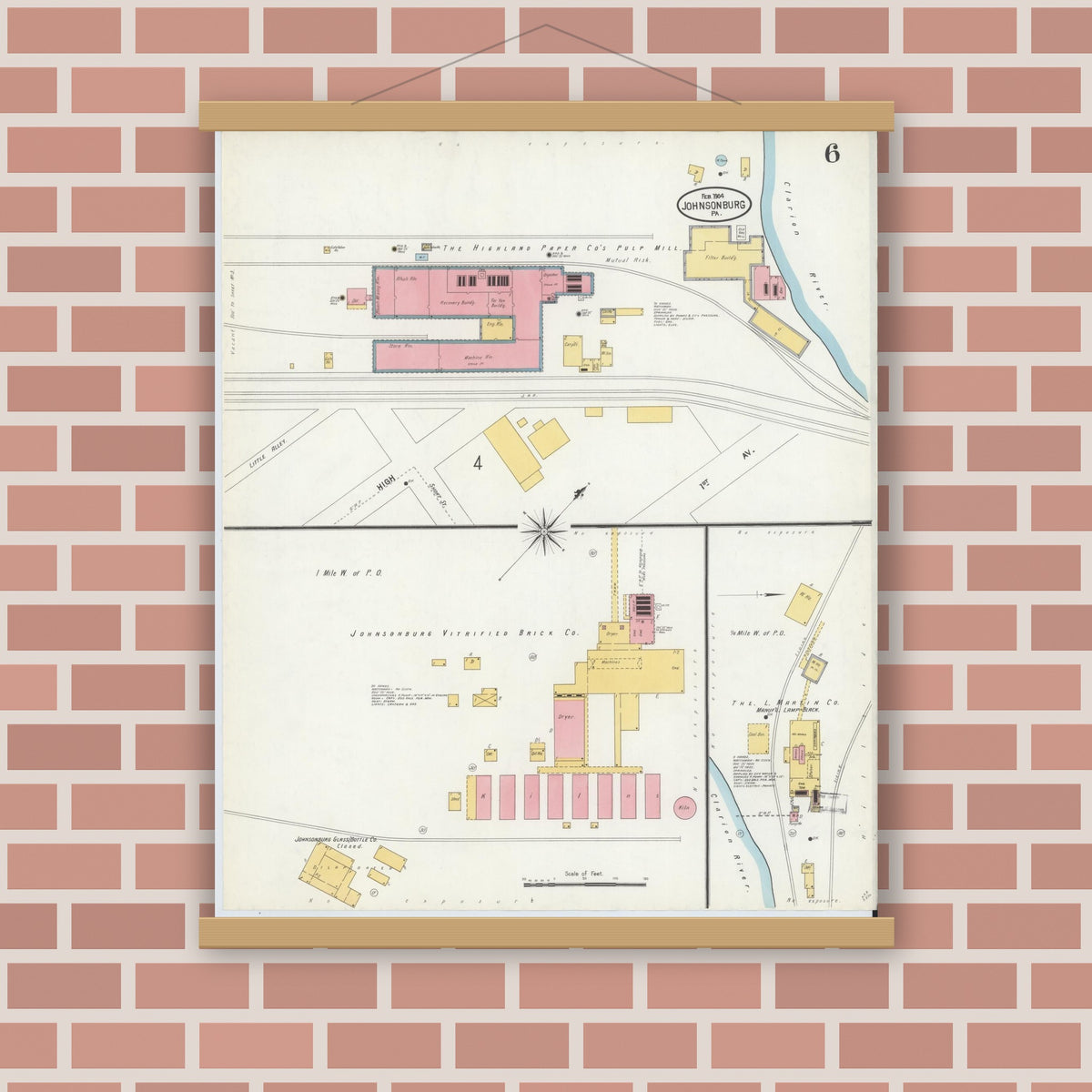 Old map wall art mockup — magnetic wood frame on brick wall — Sanborn Fire Insurance Map from Johnsonburg, Elk County, Pennsylvania (1904), Sheet #0006